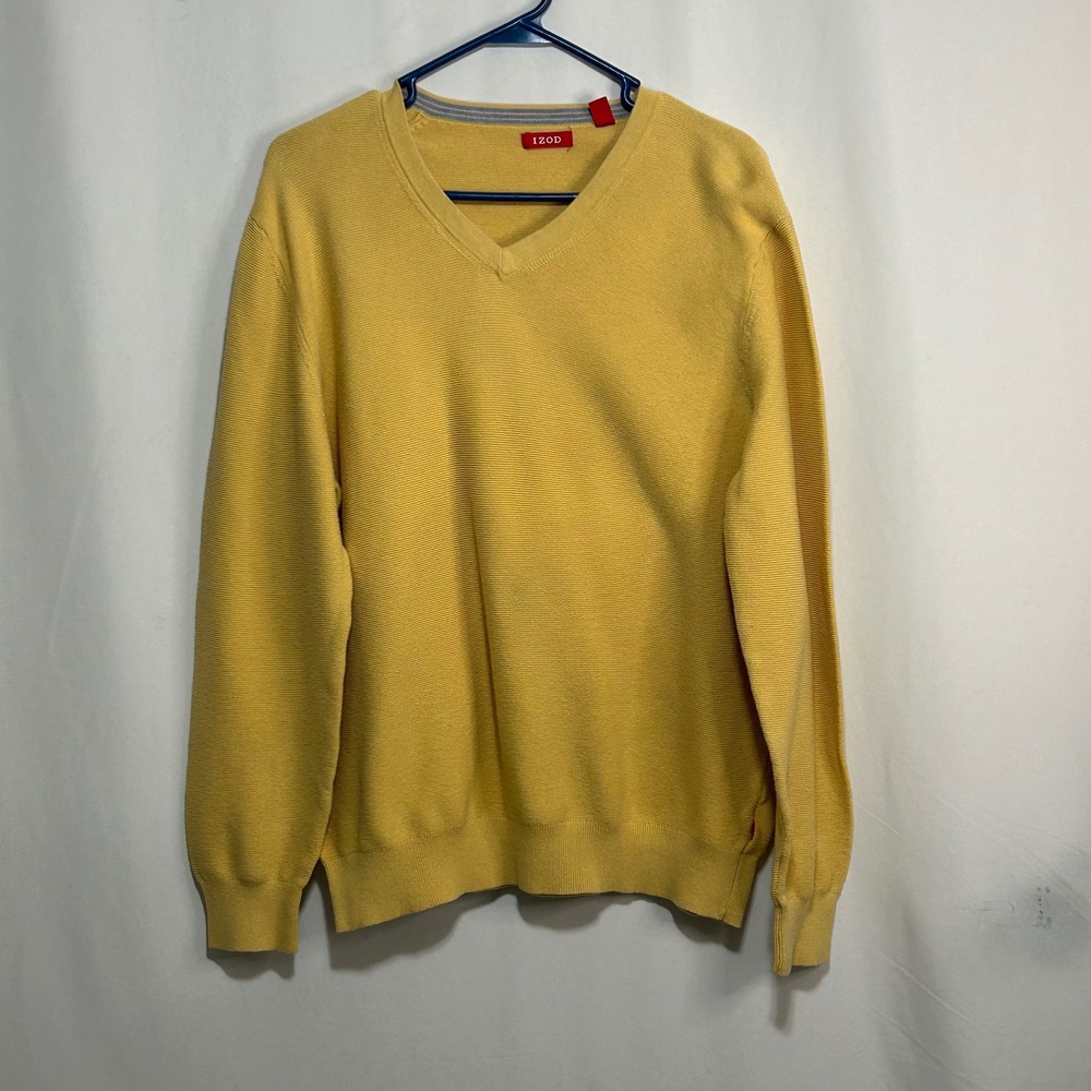 IZOD Mens V Neck Sweater Size L Yellow Long Sleeve Knit Casual Classic‎